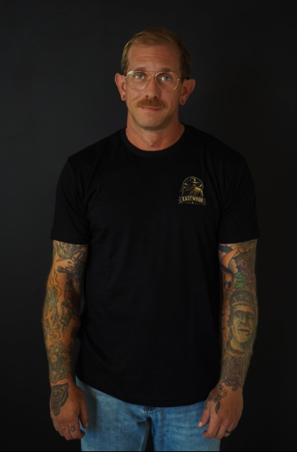 Front of black Eastwood Craft Butcher Gunslinger T-shirt with small chest logo