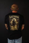 Back of black Eastwood Craft Butcher Gunslinger T-shirt with large gold-toned Western graphic