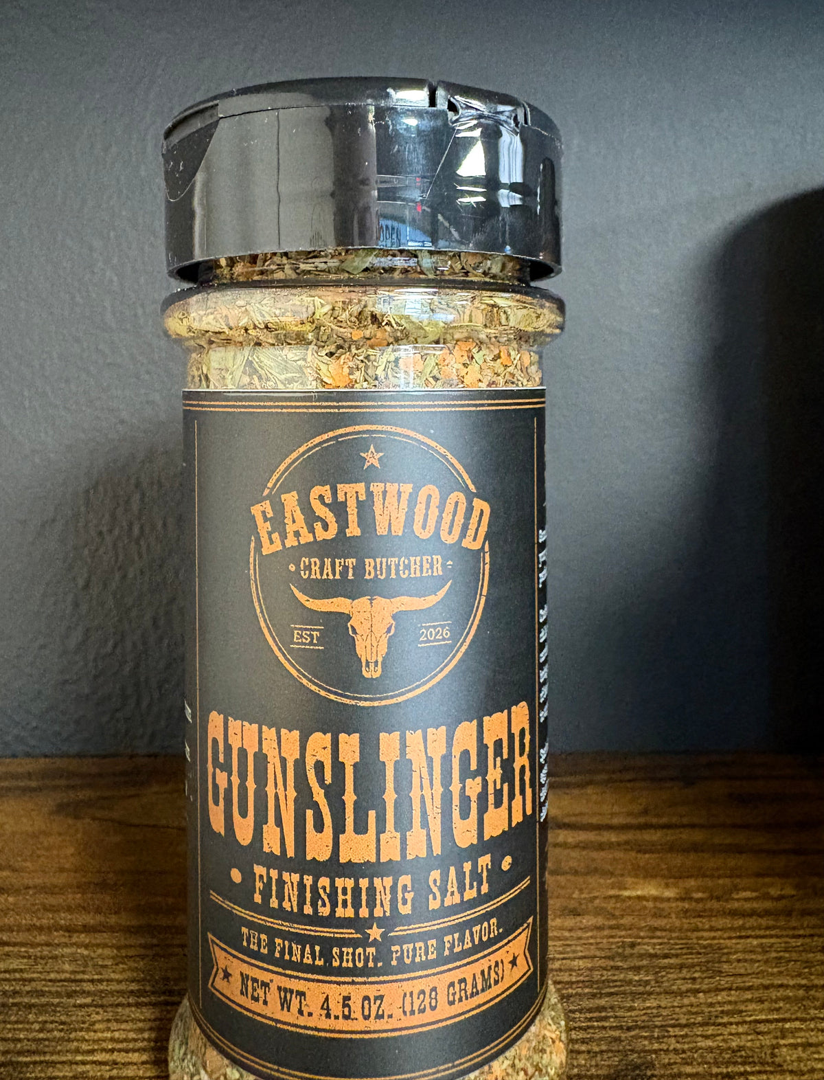 Eastwood Craft Butcher Gunslinger Finishing Salt, 4.5 oz bottle with black and gold label