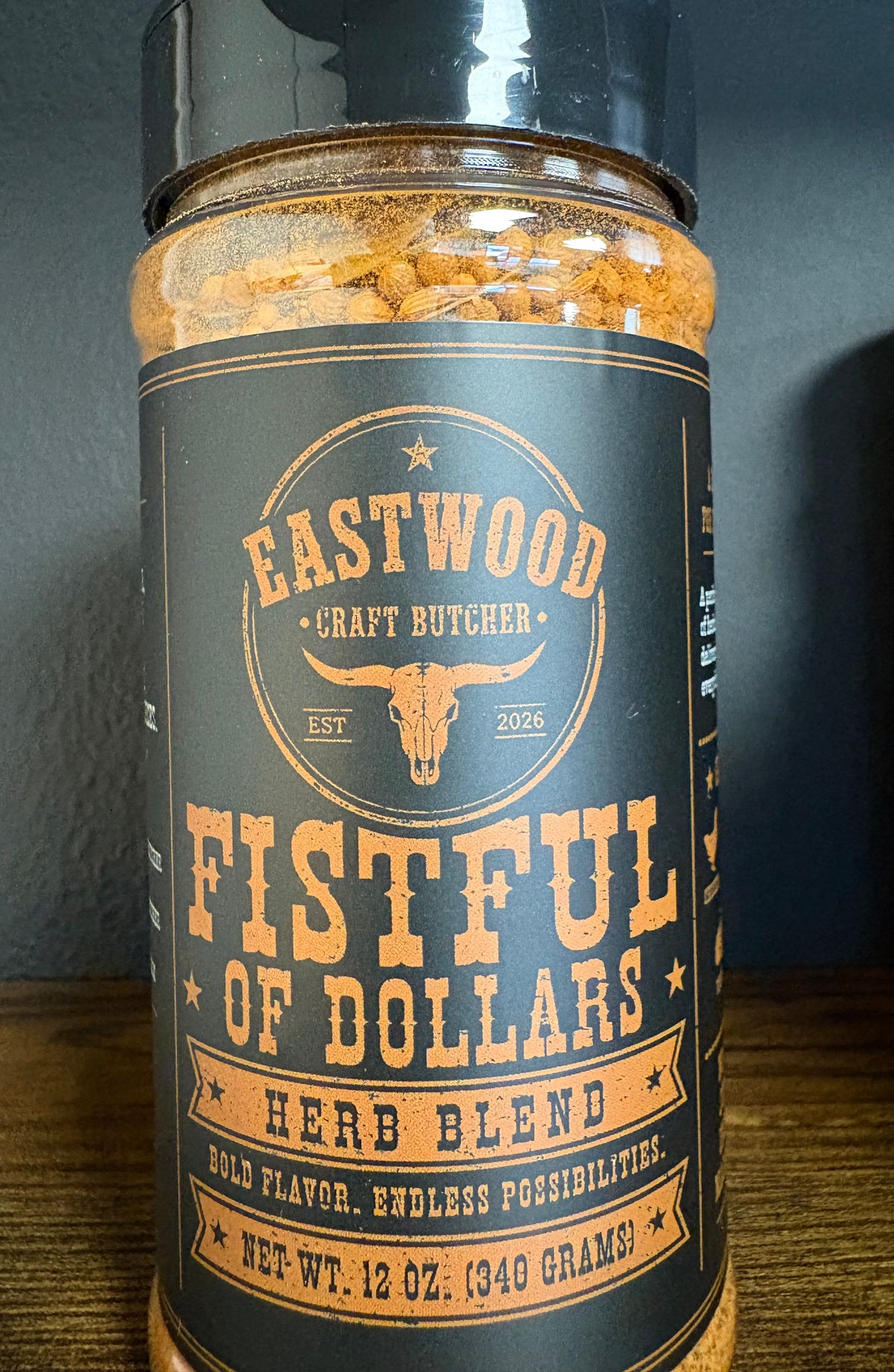 Eastwood Craft Butcher Fistful of Dollars Herb Blend, 12 oz bottle with black and gold label